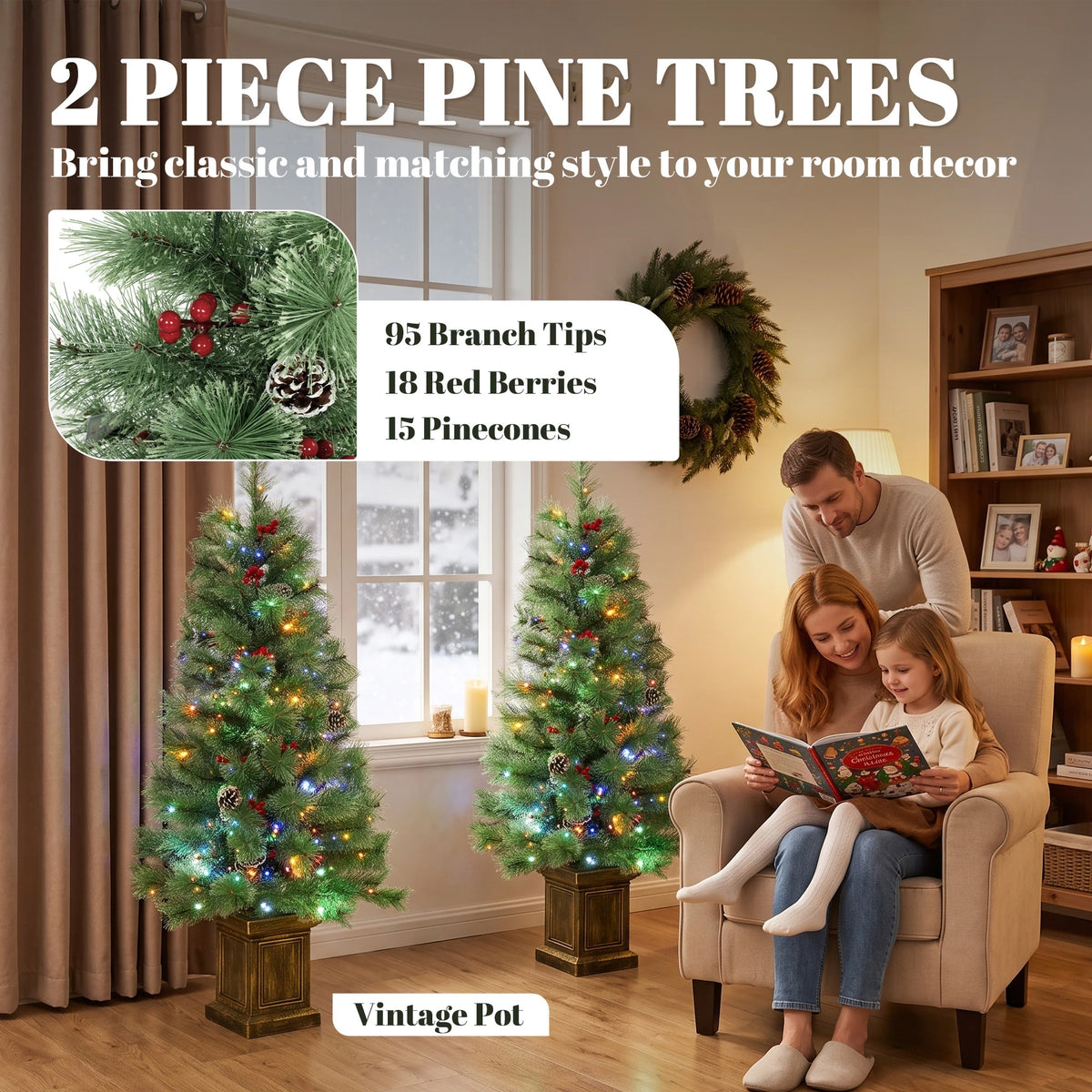 HOMCOM 4ft Pre-Lit Artificial Christmas Tree Set of 2, Dual Colors, Remote