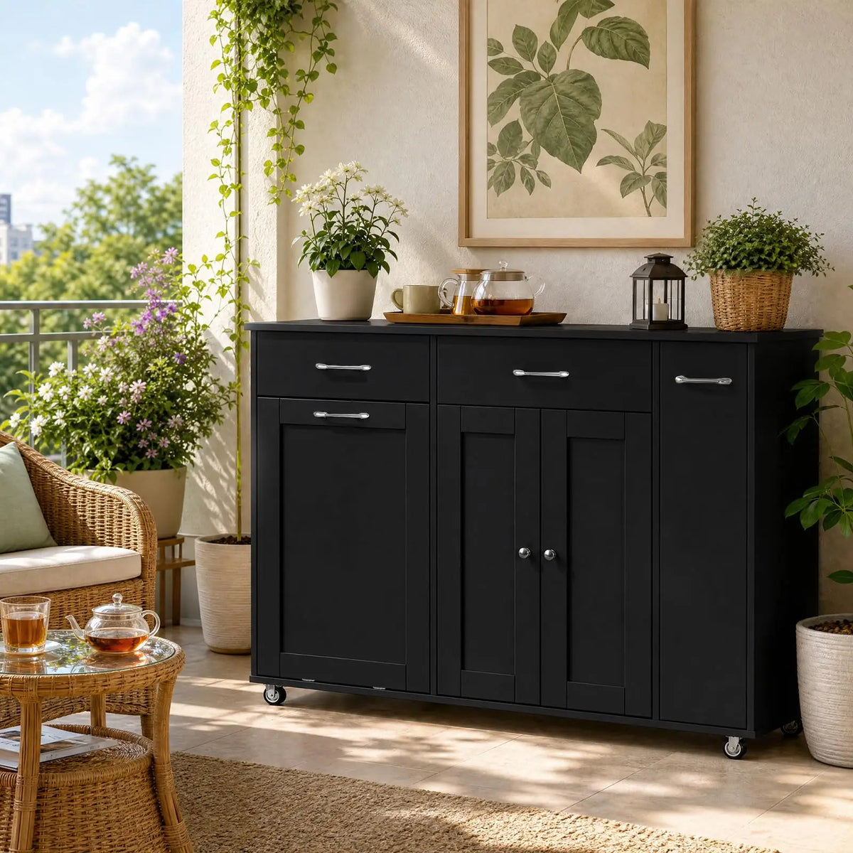 54 Inch Rolling Kitchen Island Cart With Breakfast Bar, 2 Drawers, Tilt-Out Trash Cabinet, Spice Rack, Towel Rod & Storage Shelves