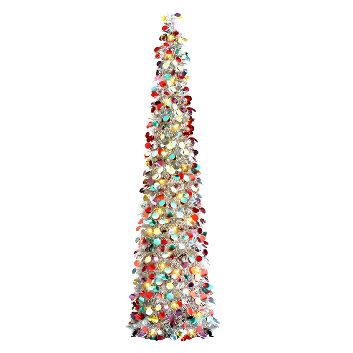 Pop Up Christmas Tree, 59 Inch Pre-Lit Collapsible Artificial Christmas Tree, Red White Green Tinsel Foldable Slim Christmas Tree with Star Ornaments, 1 Pack for Indoor Holiday Home Decor