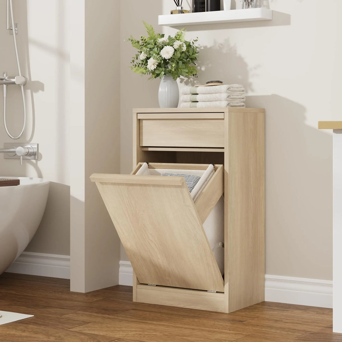 Tilt Out Laundry Hamper Cabinet With Drawer, 10 Gallon Farmhouse Trash Can Cabinet, Hidden Wood Basket For Bathroom Kitchen Home