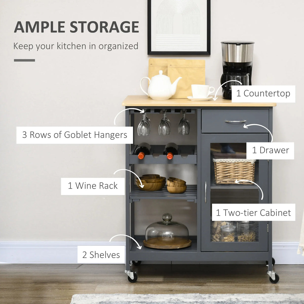 HOMCOM Rolling Kitchen Island with Storage, Kitchen Cart with 4-bottle Wine Rack, Bar Cart with Stemware Holder, Shelves, Drawer and Cabinet, Gray