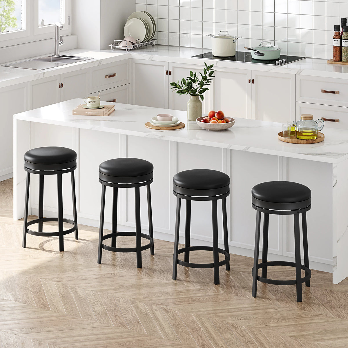 Swivel Bar Stools 2/4PCs 24" Backless PU Leather Barstool with Metal Frame  Footrest 360° Rotating for Kitchen Island Home Bar Black