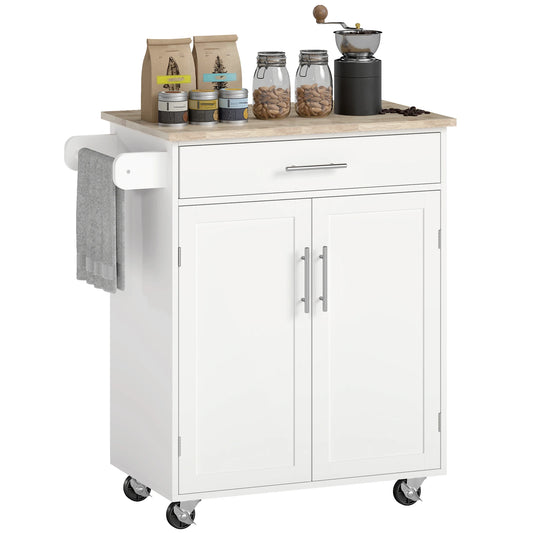 HOMCOM Kitchen Island Cart, Rolling Island Table with Solid Wood Top, Trolley Cart with Drawer, Storage Cabinet & Towel Rack, White