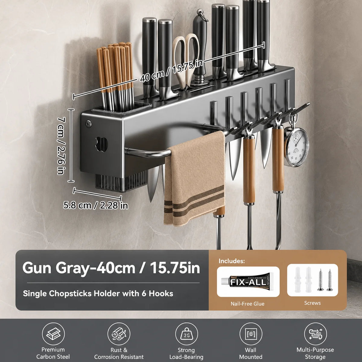 No-drill Wall-mounted Knife Rack, Multi-functional Kitchen Storage Organizer, Can Hold Knives, Cutlery, Towels, Etc. - Space-saving Design, Suitable for Homes And Kitchens. Mount Storage Shelf, Multifunctional Hanging Wall Or