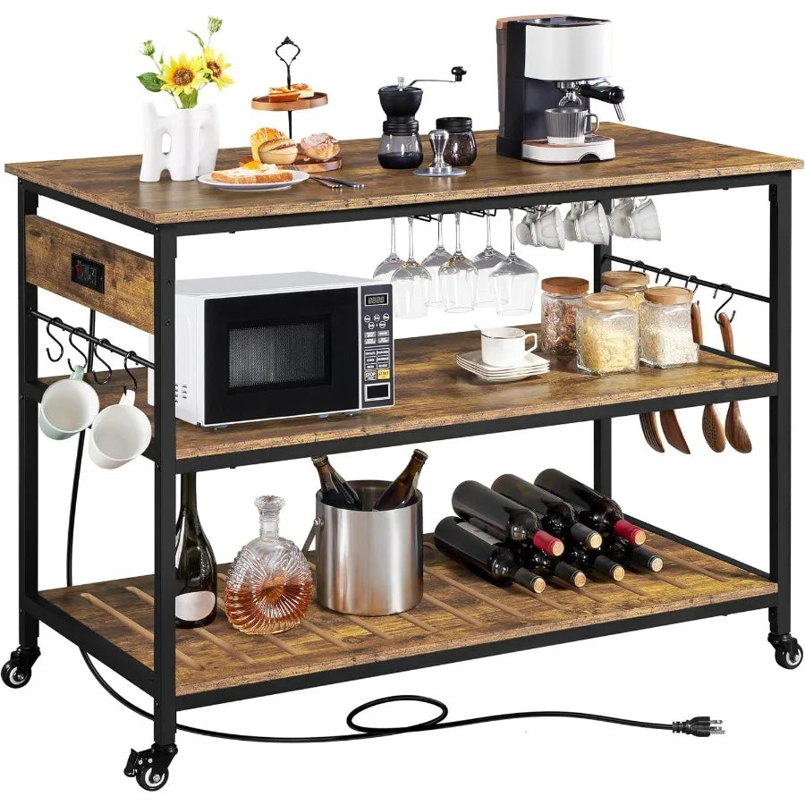 Rolling Kitchen Island with Power Outlet, 3 Shelves, Rustic Brown
