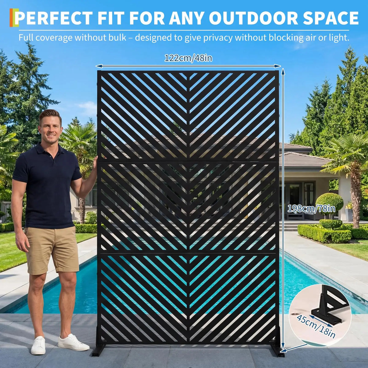 78 X 48 in Freestanding Metal Outdoor Privacy Screen, Decorative Steel Fence Panel With Stand For Patio Garden Balcony AC Trash Can Cover