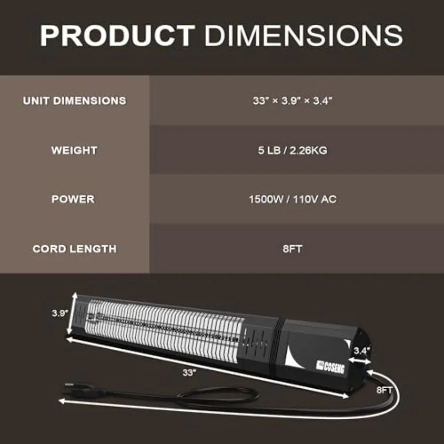 1500W Infrared Patio Heater IP65 Waterproof Outdoor Electric Heater with Remote 4 Heat Levels 24H Timer Memory Function Fast He