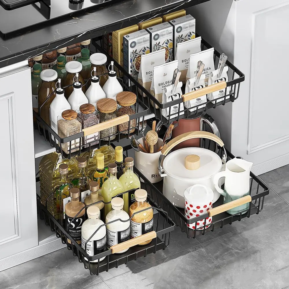 Takywep Pull Out Cabinet Organizer No Drill Adhesive Sliding Mesh Basket with Smooth Glide Under Sink Drawer for Kitchen Pantry Bathroom Storage