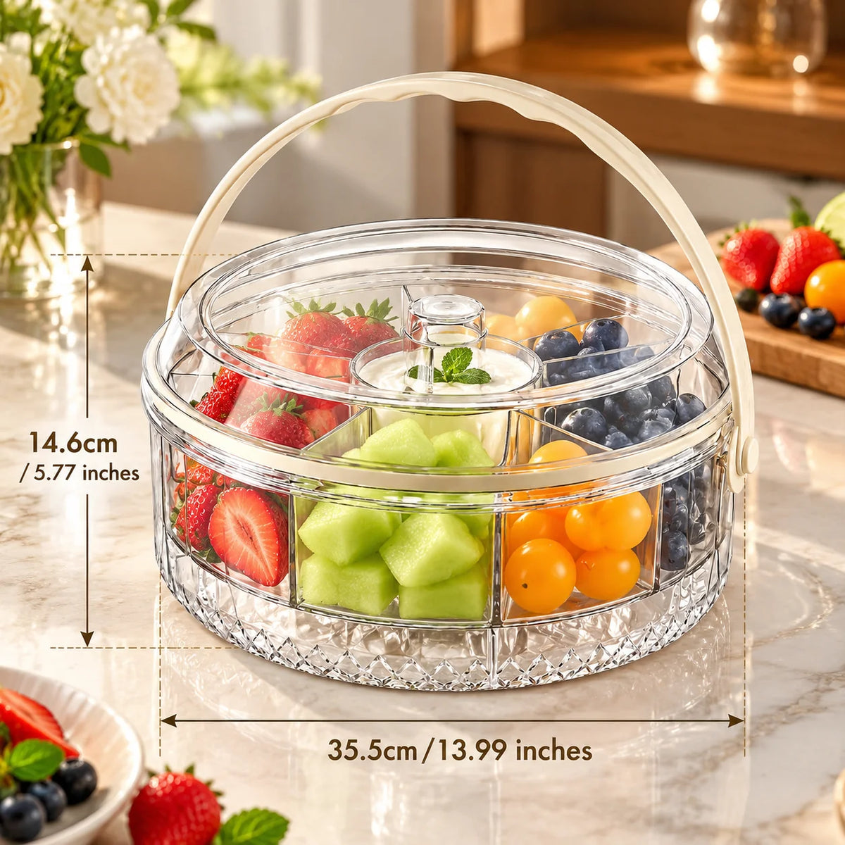 Clear Divided Iced Fruit Storage Box with Handle, Multi-Compartment Fruit Serving Container with Lid, Portable Fruit Tray for Kitchen, Parties, Picnics and Home Use