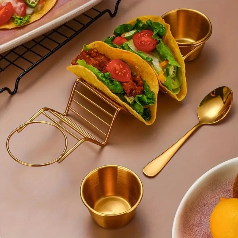 1Set Taco Serving Utensils Set, Stainless Steel Taco Holder, Dressing Cups, Seasoning Spoons and Serving Tray, Elegant Taco Stand Accessories, Suitable for Home, Kitchen, Restaurant and Party Use, Ideal Gift for Mother's Day