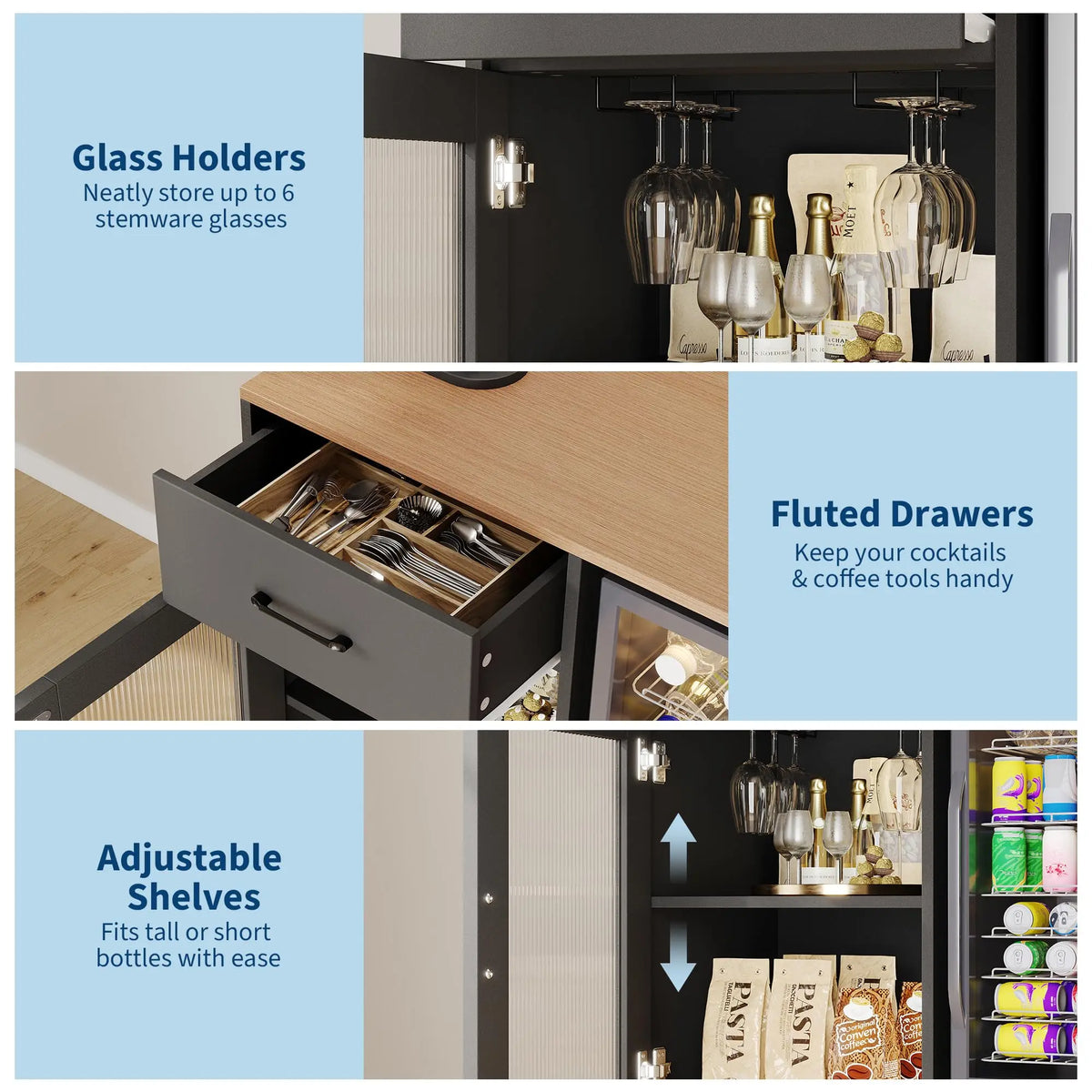 Coffee Bar Cabinet With Mini Fridge Space, Power Outlet, Fluted Acrylic Doors, Drawer, Glass Holders, Adjustable Storage Shelves