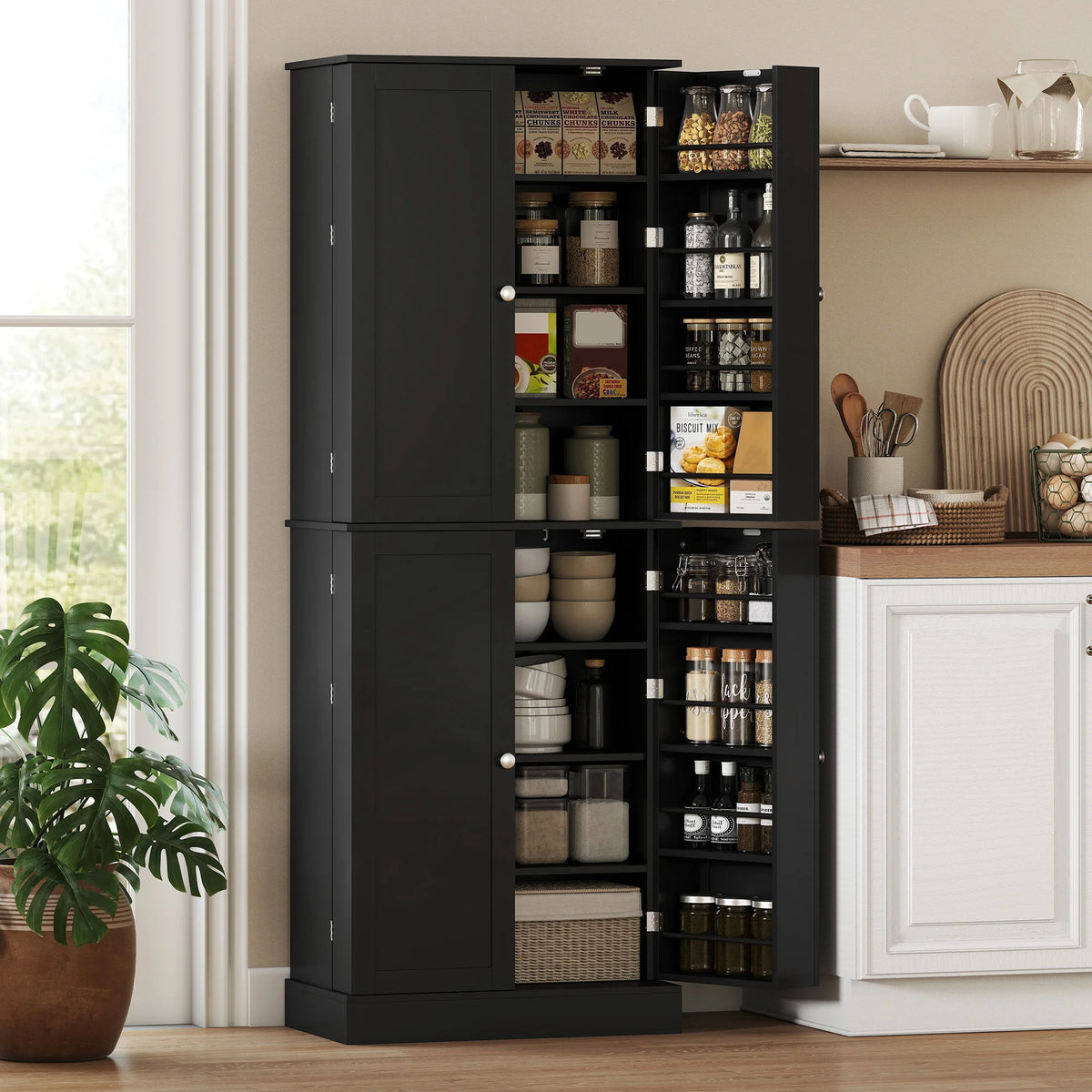 HOMCOM 65" Kitchen Pantry Storage Cabinet, Freestanding Kitchen Cabinet with 16 Door Shelves, 4 Doors, 8-tier Shelving and Adjustable Shelves, Black