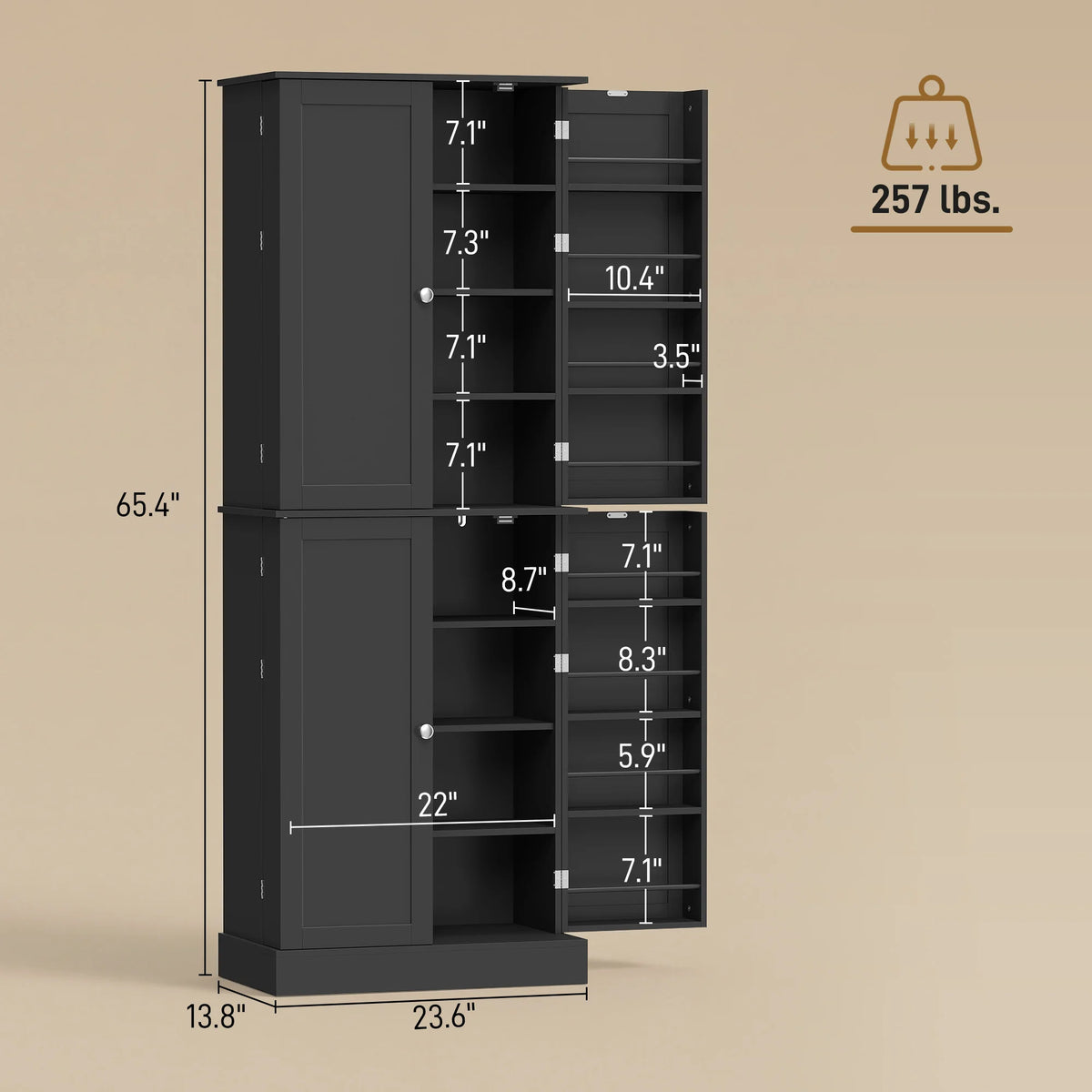 HOMCOM 65" Kitchen Pantry Storage Cabinet, Freestanding Kitchen Cabinet with 16 Door Shelves, 4 Doors, 8-tier Shelving and Adjustable Shelves, Black
