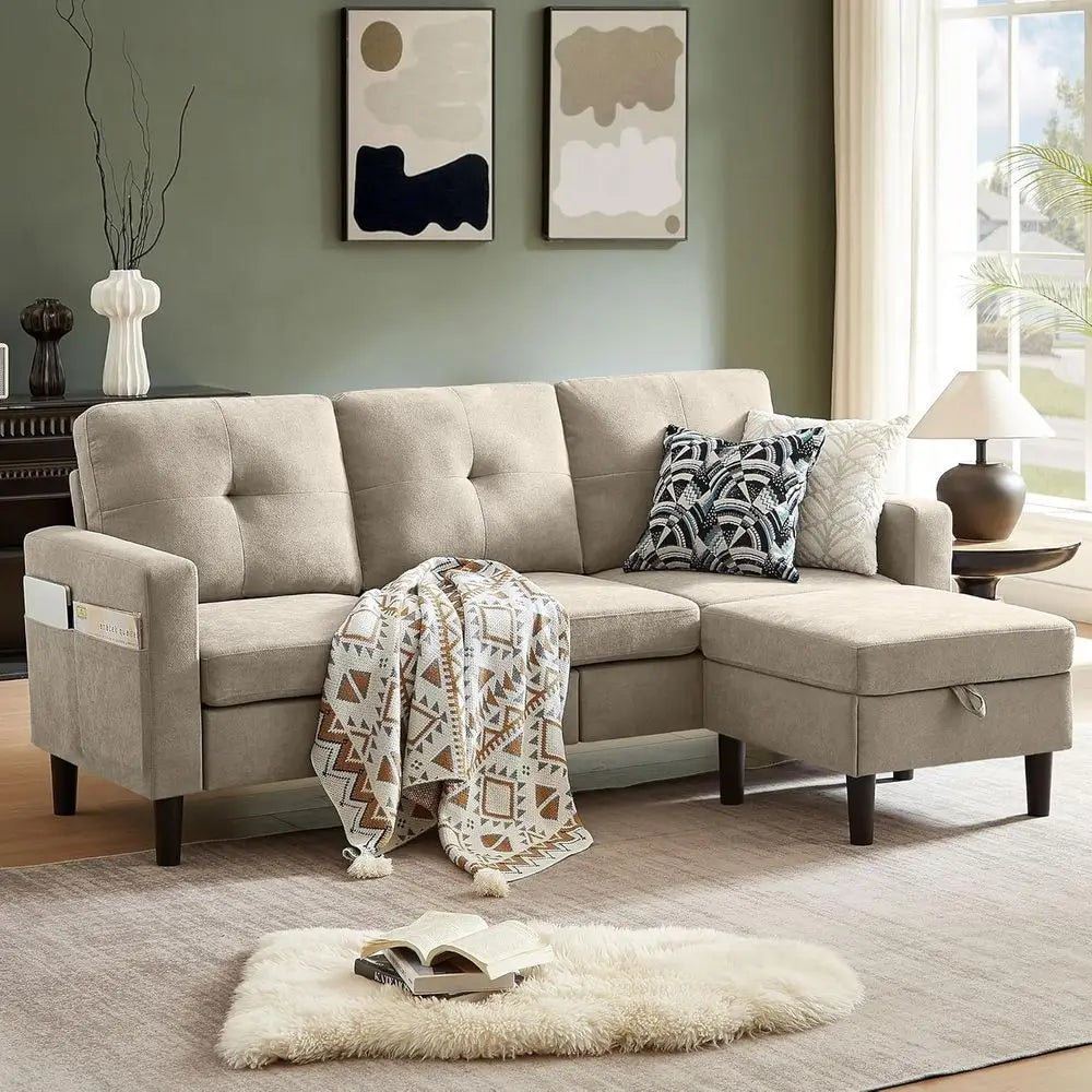 79" Convertible Sectional Soa, Small L Shaped 3 Seat Couch with Storage Chaise and Side ket, ern Linen abric Reversible Soa Couc