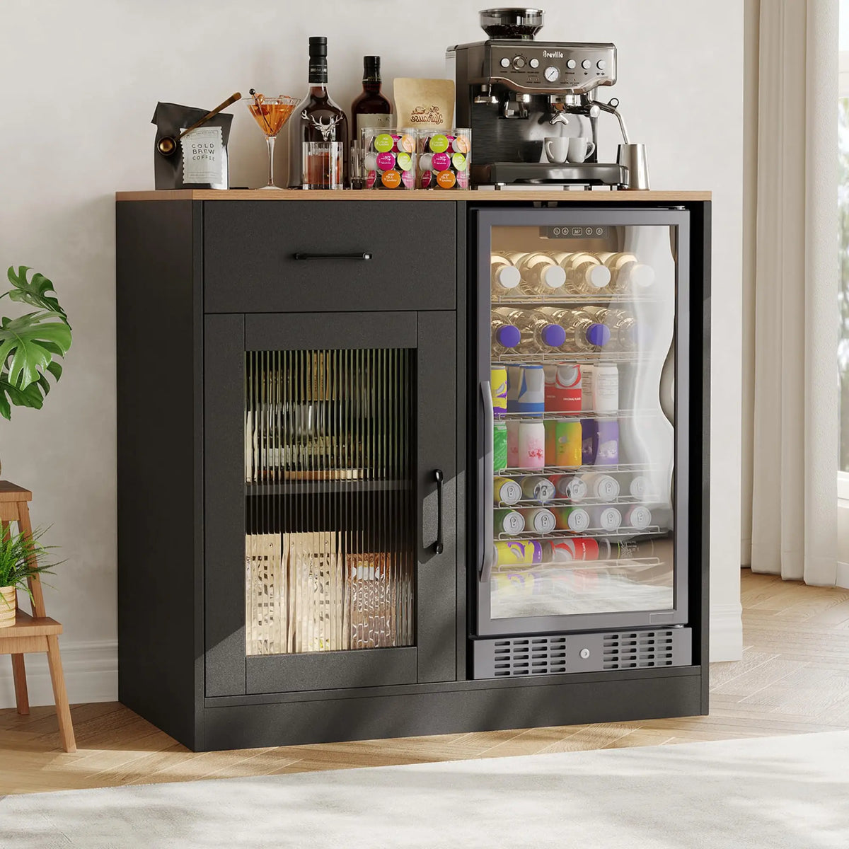 Coffee Bar Cabinet With Mini Fridge Space, Power Outlet, Fluted Acrylic Doors, Drawer, Glass Holders, Adjustable Storage Shelves