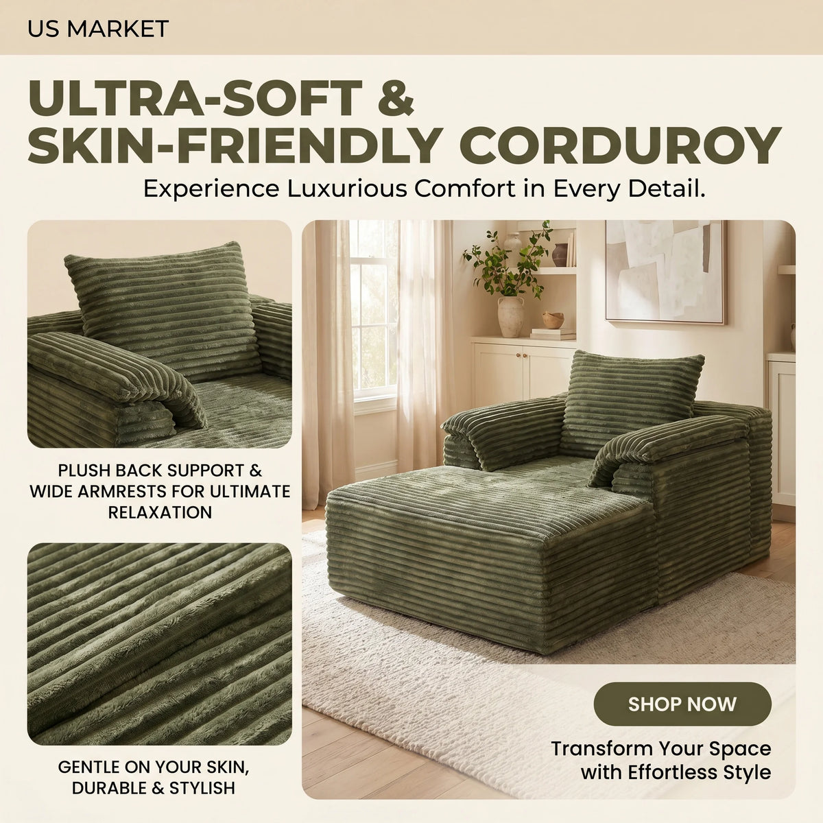 67" Oversized Sofa Bed, Corduroy Fabric Lounge Chair with Armrests & Pillows, Soft Cushioned Comfort Sleeper Reading Chair, Ideal for Living Room, Bedroom, Home Theater
