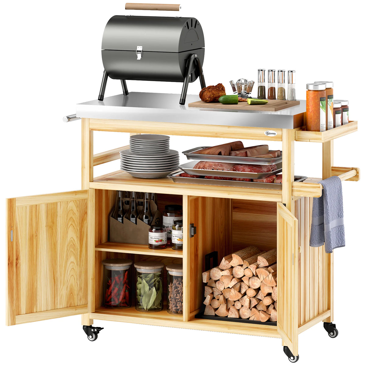 Grill Cart, Kitchen Island with Storage Cabinets, Natural Wood