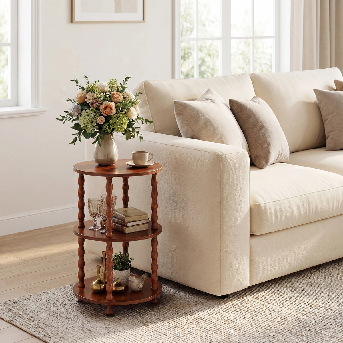 3-Tier Round Side Table, Wooden End Table with Spiral Legs, Multi Tier Accent Nightstand for Living Room Bedroom Small Spaces
