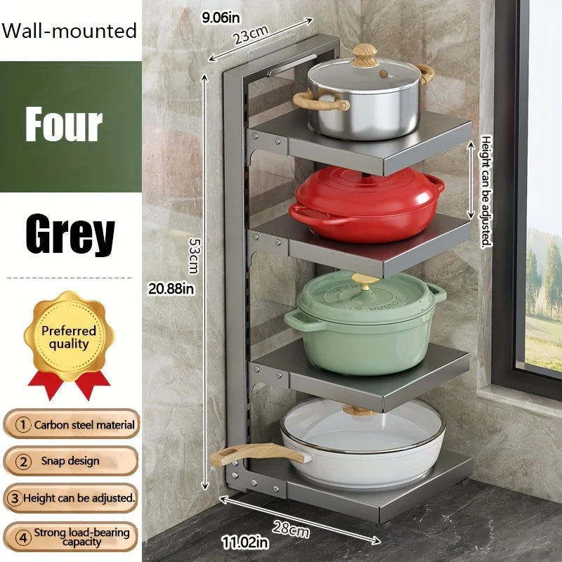 Black Height-Adjustable 4-Layer Stainless Steel Kitchen Storage Rack Multi-Layer Drain Organizer for Pots Pans Tableware under Cabinet Pot Storage Shelf