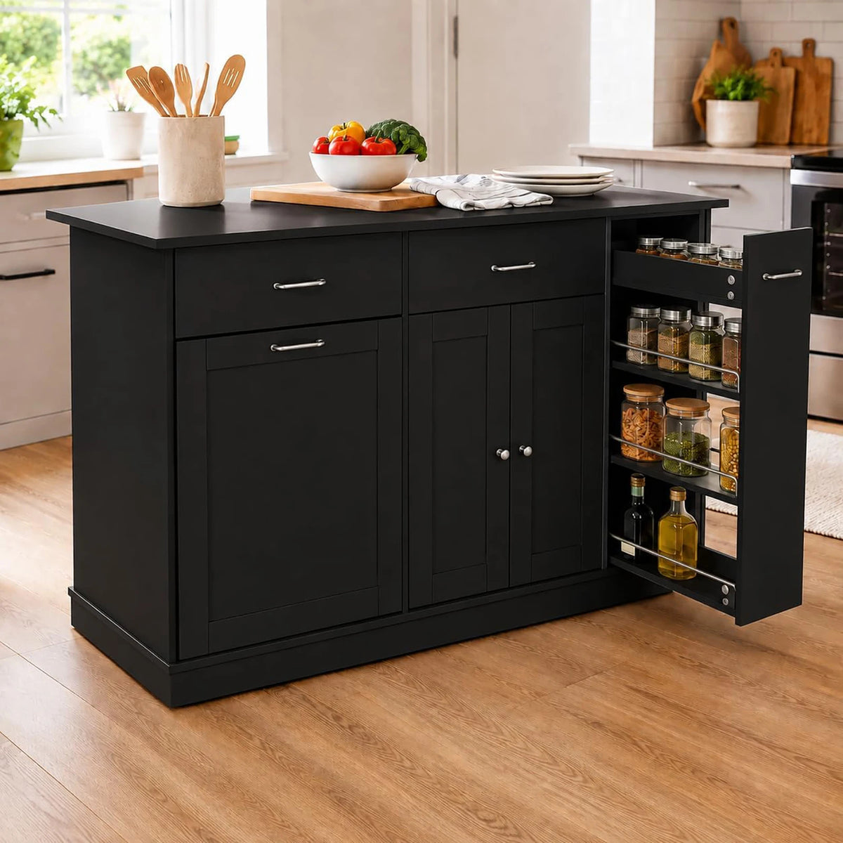 54 Inch Rolling Kitchen Island Cart With Breakfast Bar, 2 Drawers, Tilt-Out Trash Cabinet, Spice Rack, Towel Rod & Storage Shelves