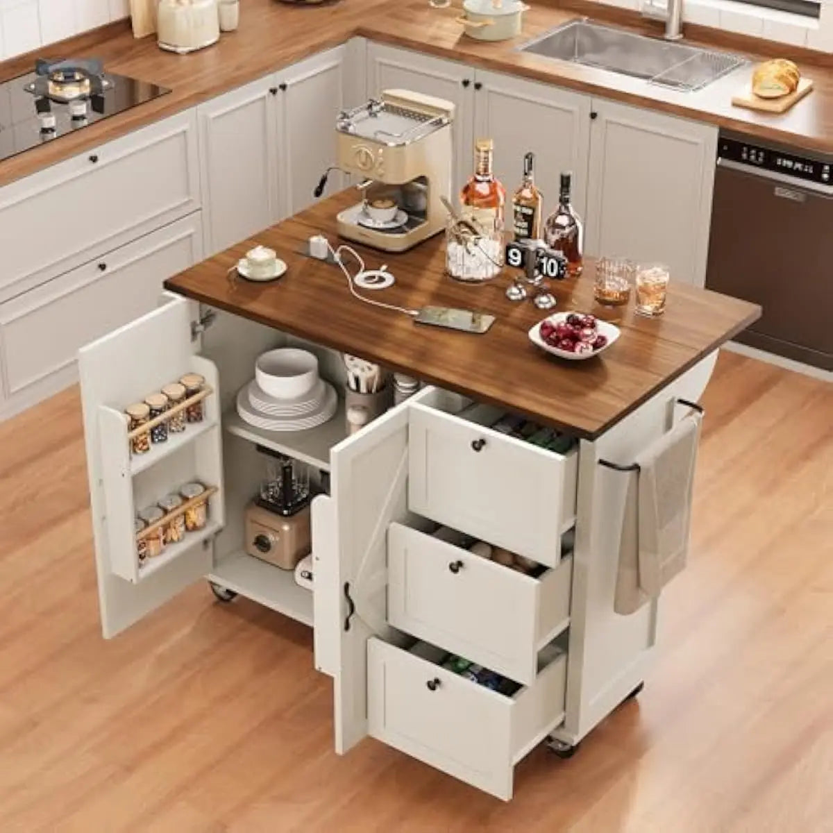 54.5 Inch Mobile Kitchen Island with Foldable Countertop, Built-in Power Sockets, Tiered Storage Shelves, Engineered Wood Constr