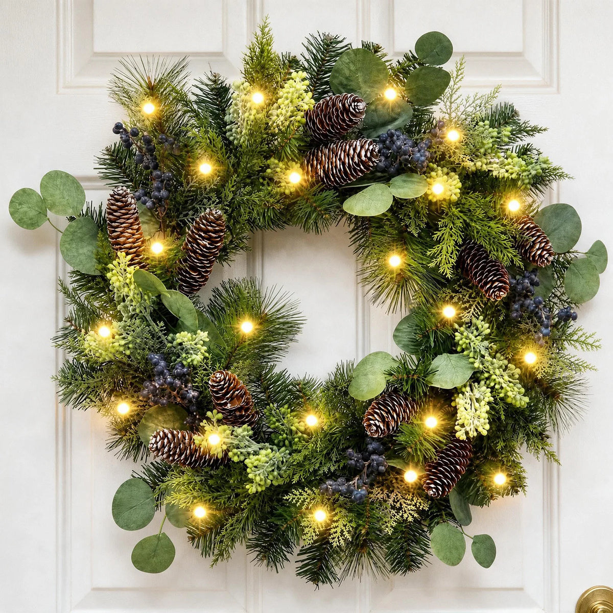 24 Inch Pre-Lit Blue Berry Christmas Wreath With 20 Led Lights, 8 Modes & Timer, Battery Operated Front Door Mantel Decor