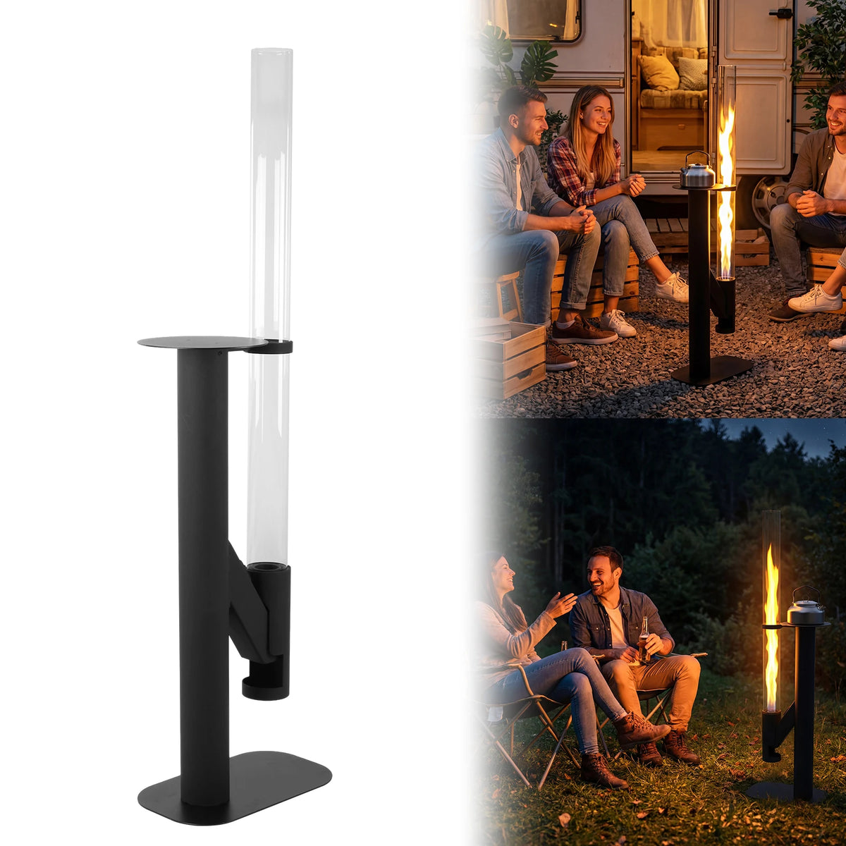 50.79in Patio Heater Wood Stove with Glass Tube Modern Outdoor Fireplace with Table for Porch Party RV Tailgating Camping