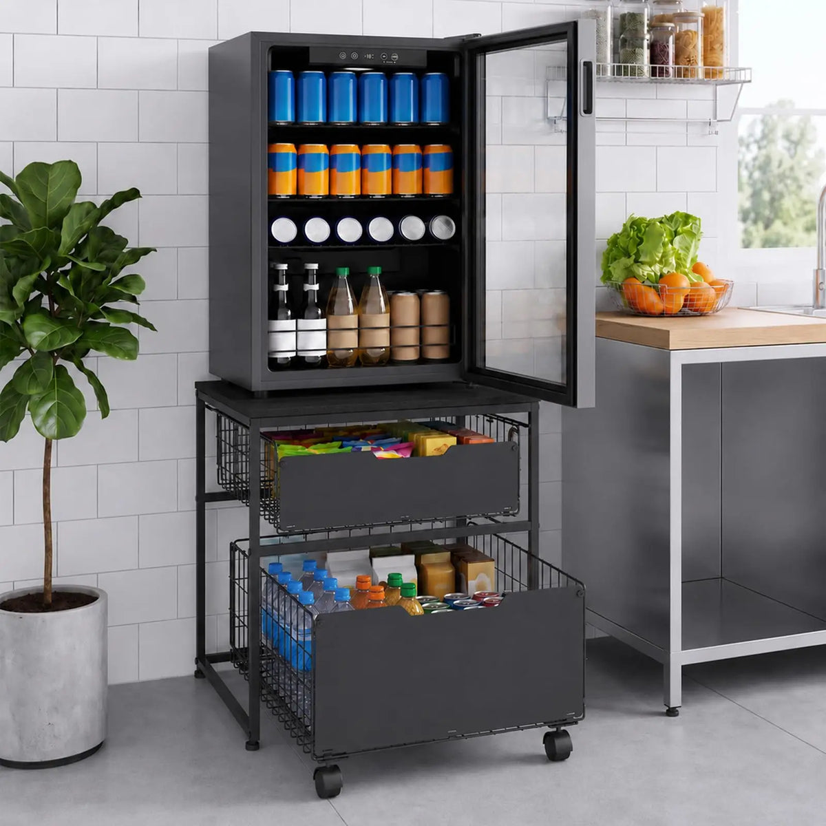 22x22 Inch Mini Fridge Stand With 2 Pull Out Storage Baskets, 4 Wheels, 300 lb Steel Frame Refrigerator Table For Dorm Kitchen Office