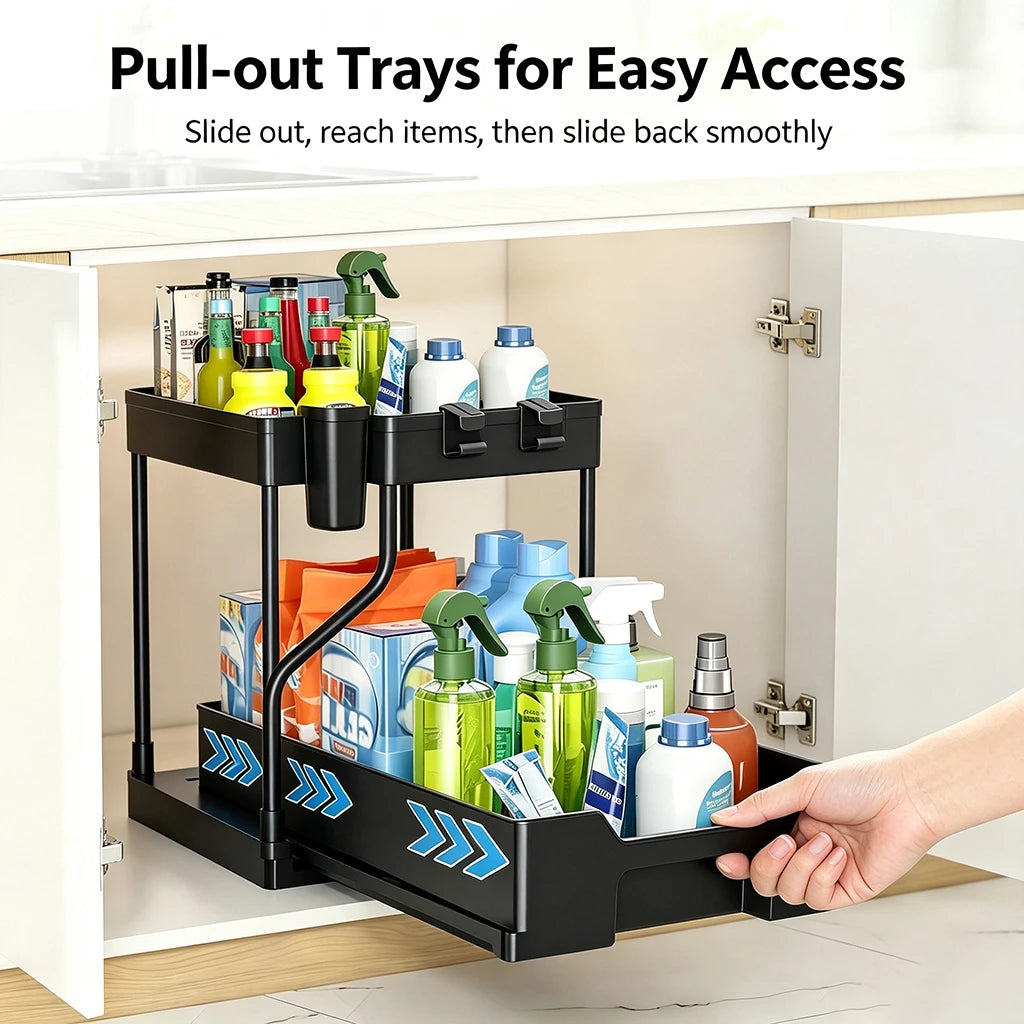 2 PCS Under Sink Organizer With Pull Out Shelves, 2 Tier Expandable Cabinet Storage Rack, Adjustable Under Sink Shelf For Bathroom Kitchen