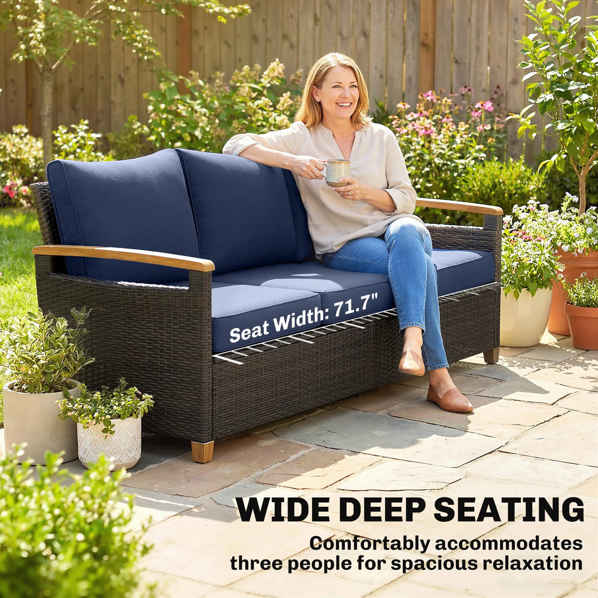 Outsunny 3-Seater Outdoor Sofa with Soft Padded Wide Seats, Dark Blue