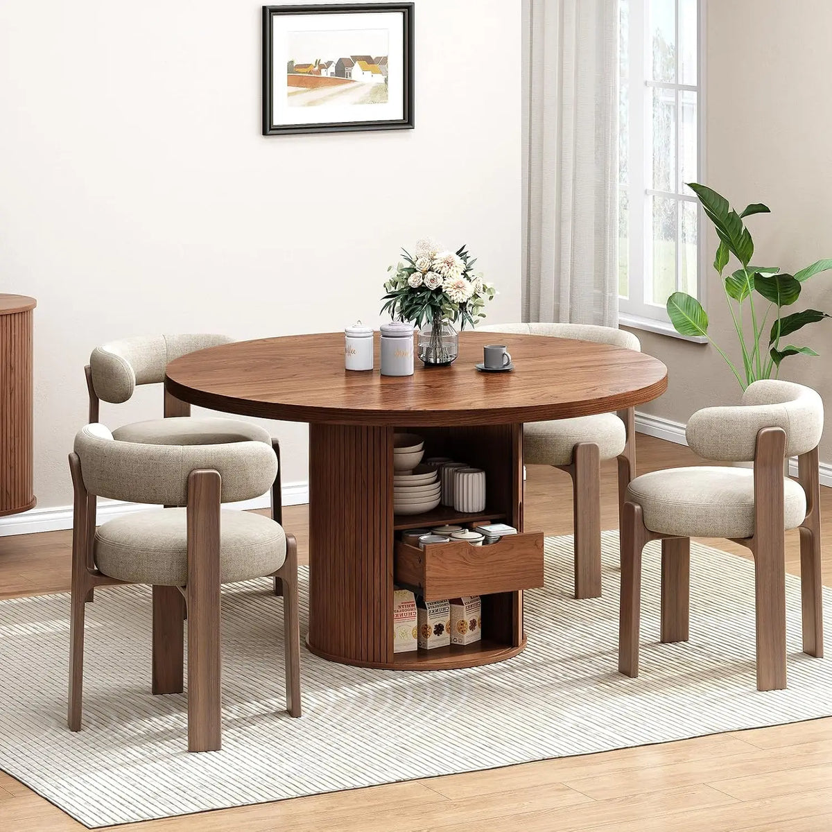 ONBRILL 47'' Round Dining Table (119cm) with Storage - Walnut Wood Finish Kitchen Table | Space-Saving Design Seats 4-6 People, Compact for Small Spaces