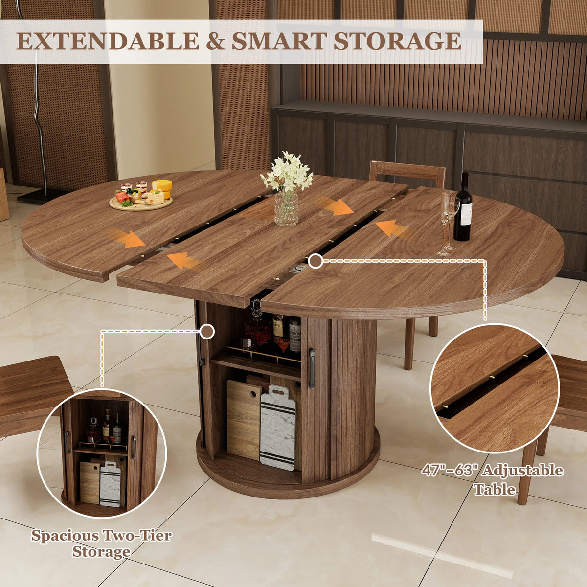 Modern Extendable Round Dining Table 47''-63'' for 4 to 8 People with 2-Tier Storage Shelf Space-Saving Oval Design Wood Kitchen Table with Pedestal Base