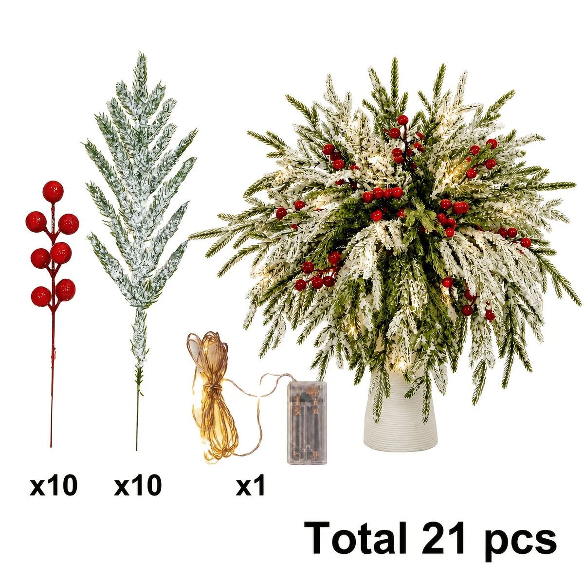 21 Artificial Norfolk Pine Branches with Light String Design, Featuring Red Berries, 12.8-inch Christmas Green, Choose Norfolk Pine Trunks and Fake Pine Needles for Vase Filling, DIY Craft Flower Garland Home Decoration Cream