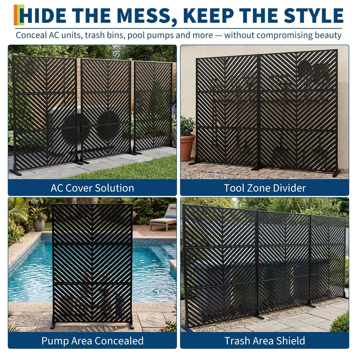 78 X 48 in Freestanding Metal Outdoor Privacy Screen, Decorative Steel Fence Panel With Stand For Patio Garden Balcony AC Trash Can Cover