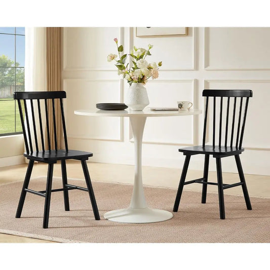 Windsor Dining Chairs Set of 2 with Spindle Back, Black Solid Rubber Wood Farmhouse Kitchen Chair, MidCentury Modern Side Dinin