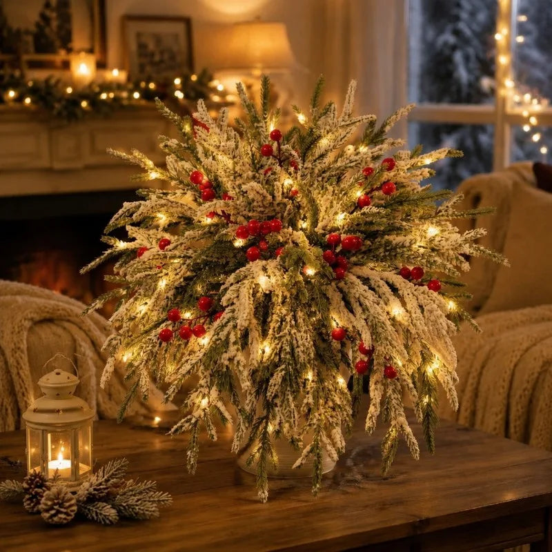 21 Artificial Norfolk Pine Branches with Light String Design, Featuring Red Berries, 12.8-inch Christmas Green, Choose Norfolk Pine Trunks and Fake Pine Needles for Vase Filling, DIY Craft Flower Garland Home Decoration Cream