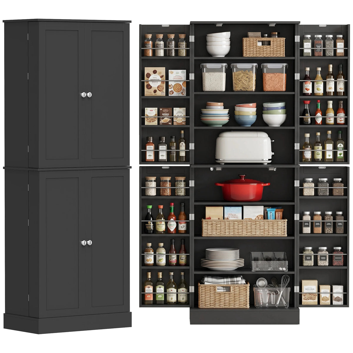 HOMCOM 65" Kitchen Pantry Storage Cabinet, Freestanding Kitchen Cabinet with 16 Door Shelves, 4 Doors, 8-tier Shelving and Adjustable Shelves, Black