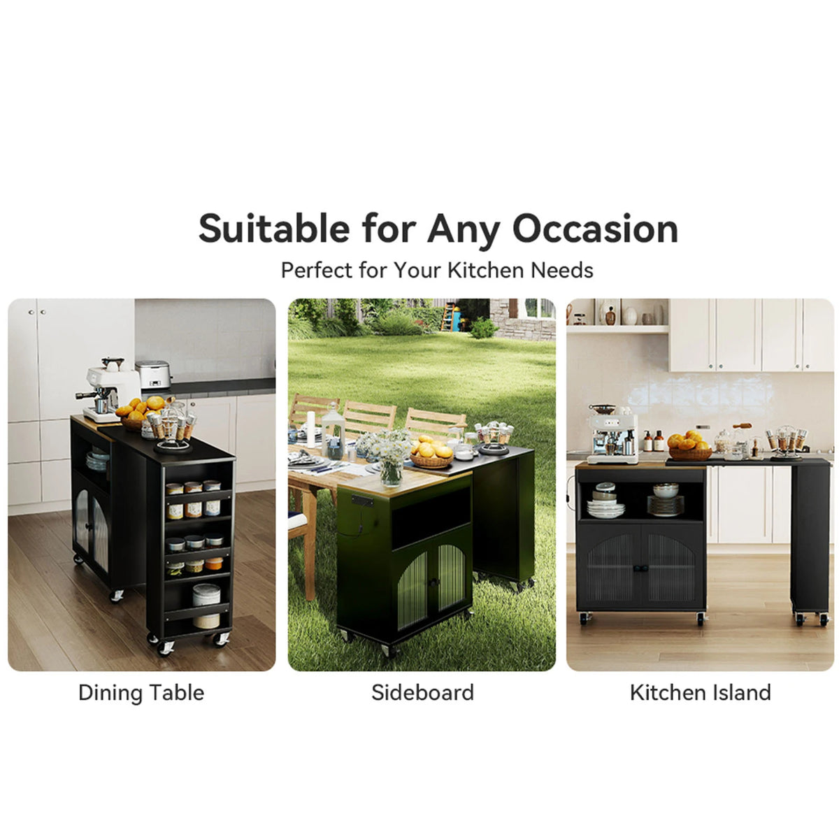 Kitchen Island On Wheels w Storag Extended Table MDF Rolling Kitchen Storage Cart w LED Light Power Outlets 2 Fluted Glass Doors
