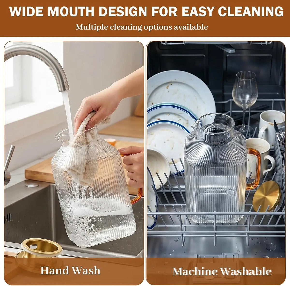 1 Gallon Square Glass Pitcher with Lid, Vertical Striped Square Pitcher with Golden Handle And Lid, Extra Large Capacity, Heat Resistant Material, Ideal for Refrigerator Storage of Iced Tea, Coffee, Juice