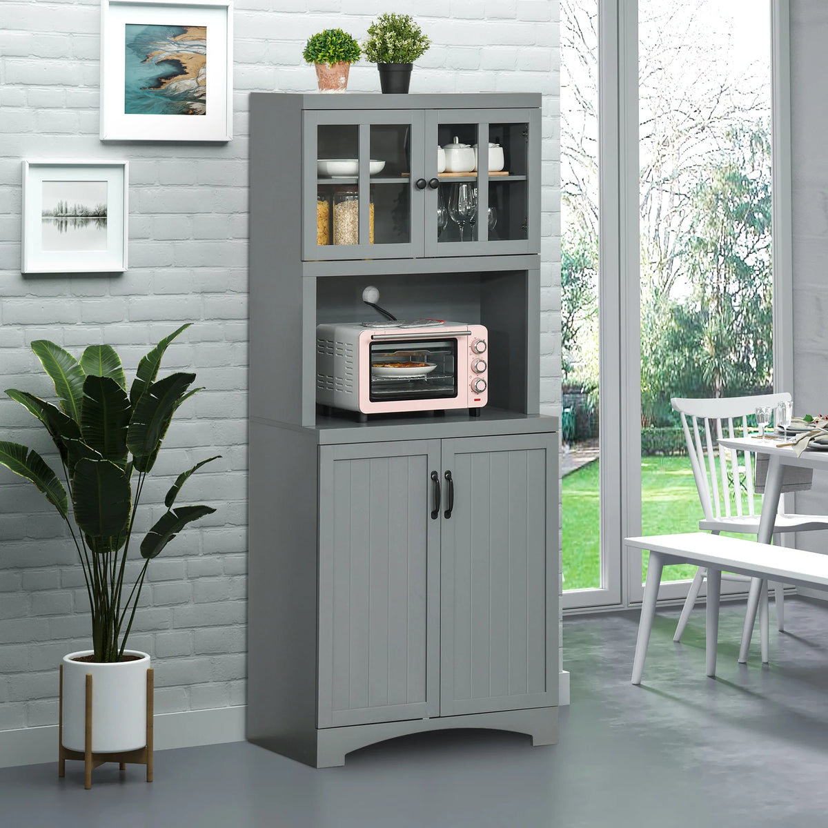 HOMCOM Kitchen Hutch, 70" Pantry Cabinet with Glass Framed Door,  Storage Cabinet with Adjustable Shelves and Microwave Space for Dining Room, Gray