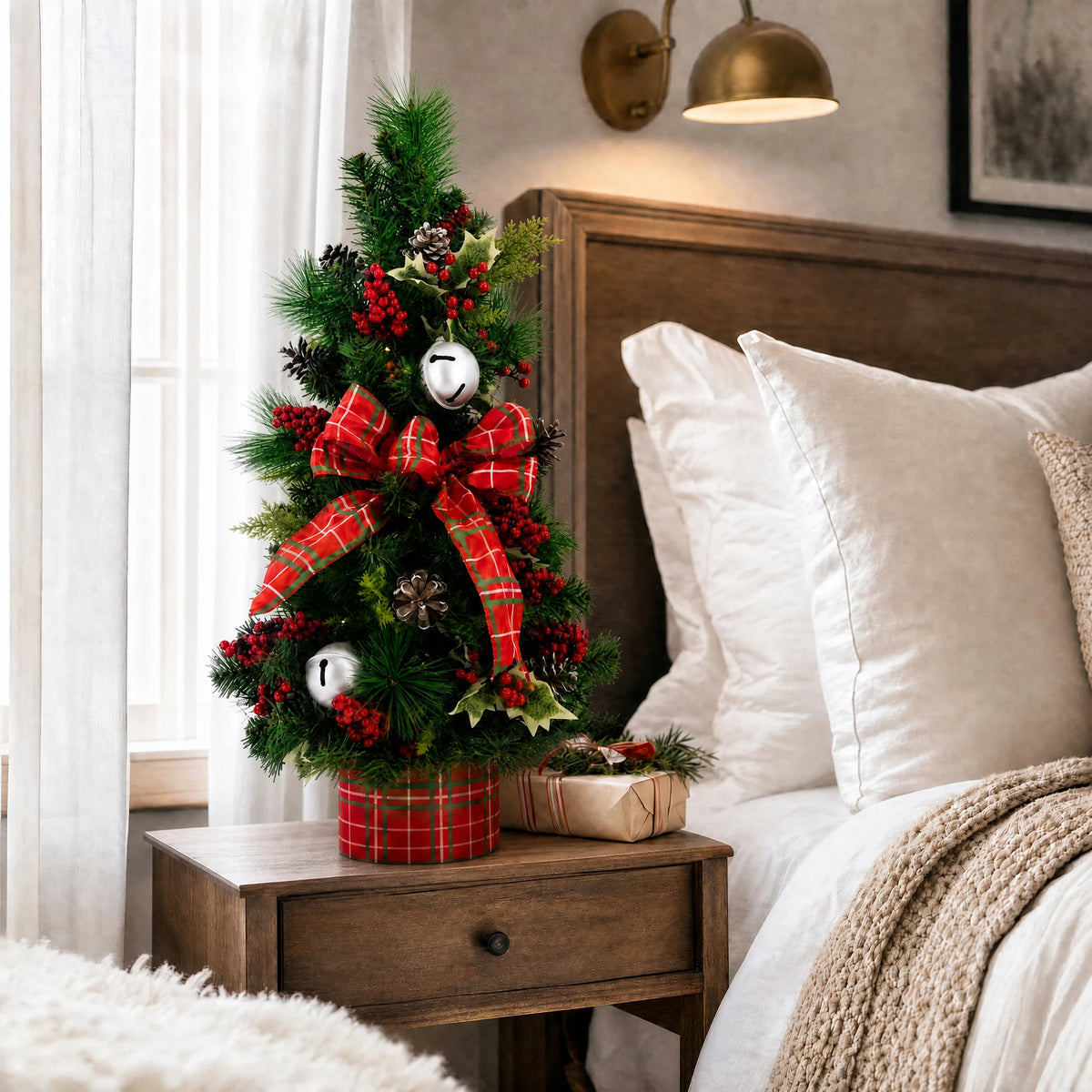 36-Inch Pre-Lit Artificial PVC Christmas Tree with 40 LED Lights, 8-Function Timer & Festive Ornaments – Tabletop Holiday Decor for Living Room or Desk