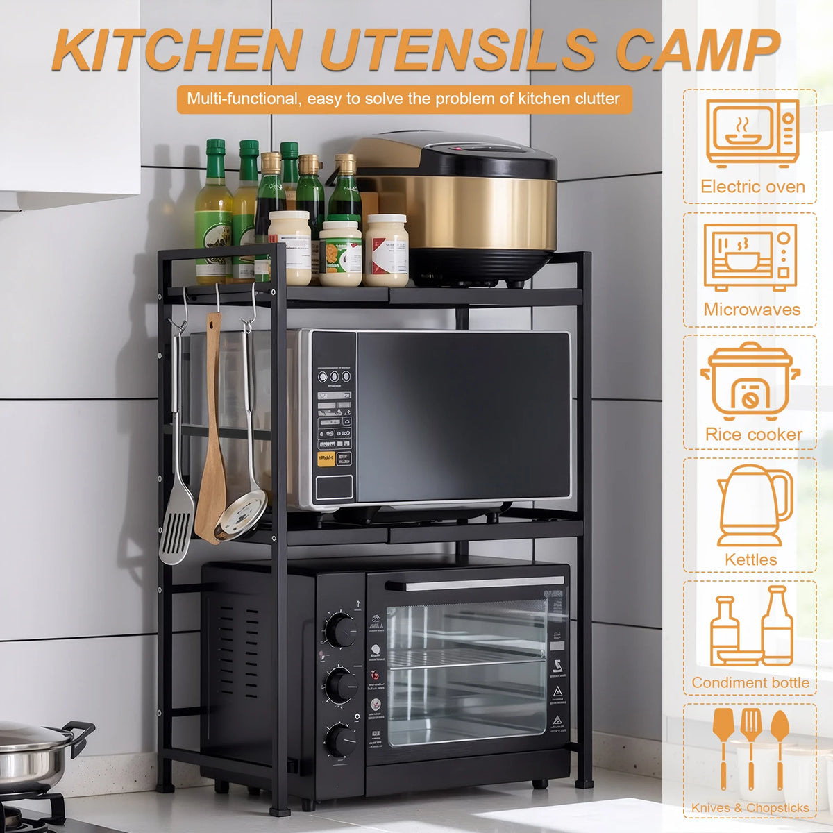 2 Tier Microwave Stand Wear Resist Condiment Organizer Stand Oven Organizer Shelf for Countertop Kitchen Utensils Tableware