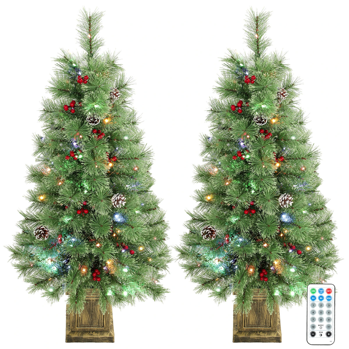 HOMCOM 4ft Pre-Lit Artificial Christmas Tree Set of 2, Dual Colors, Remote