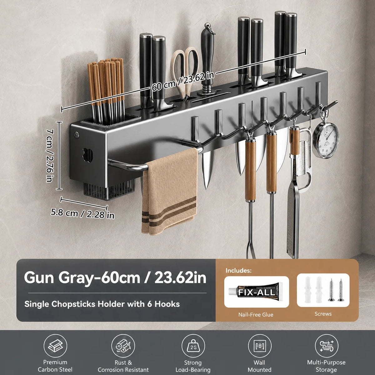 No-drill Wall-mounted Knife Rack, Multi-functional Kitchen Storage Organizer, Can Hold Knives, Cutlery, Towels, Etc. - Space-saving Design, Suitable for Homes And Kitchens. Mount Storage Shelf, Multifunctional Hanging Wall Or
