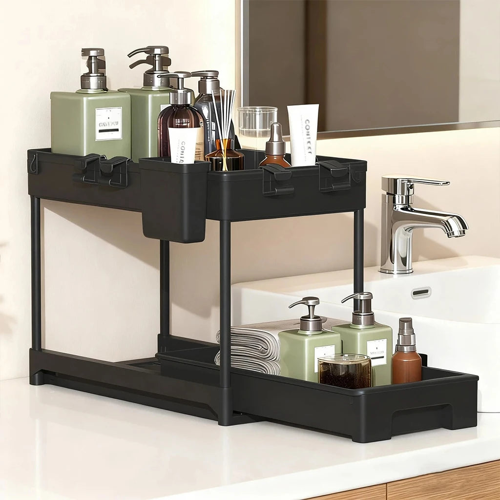 2 PCS Under Sink Organizer With Pull Out Shelves, 2 Tier Expandable Cabinet Storage Rack, Adjustable Under Sink Shelf For Bathroom Kitchen