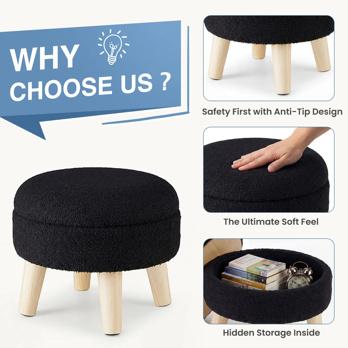 MCQ Round Velvet Ottoman Foot Rest Stool with Storage Makeup Cute Soft Small Footstool Wood Legs with Anti-Slip Feet for Living Room Bedroom Entryway