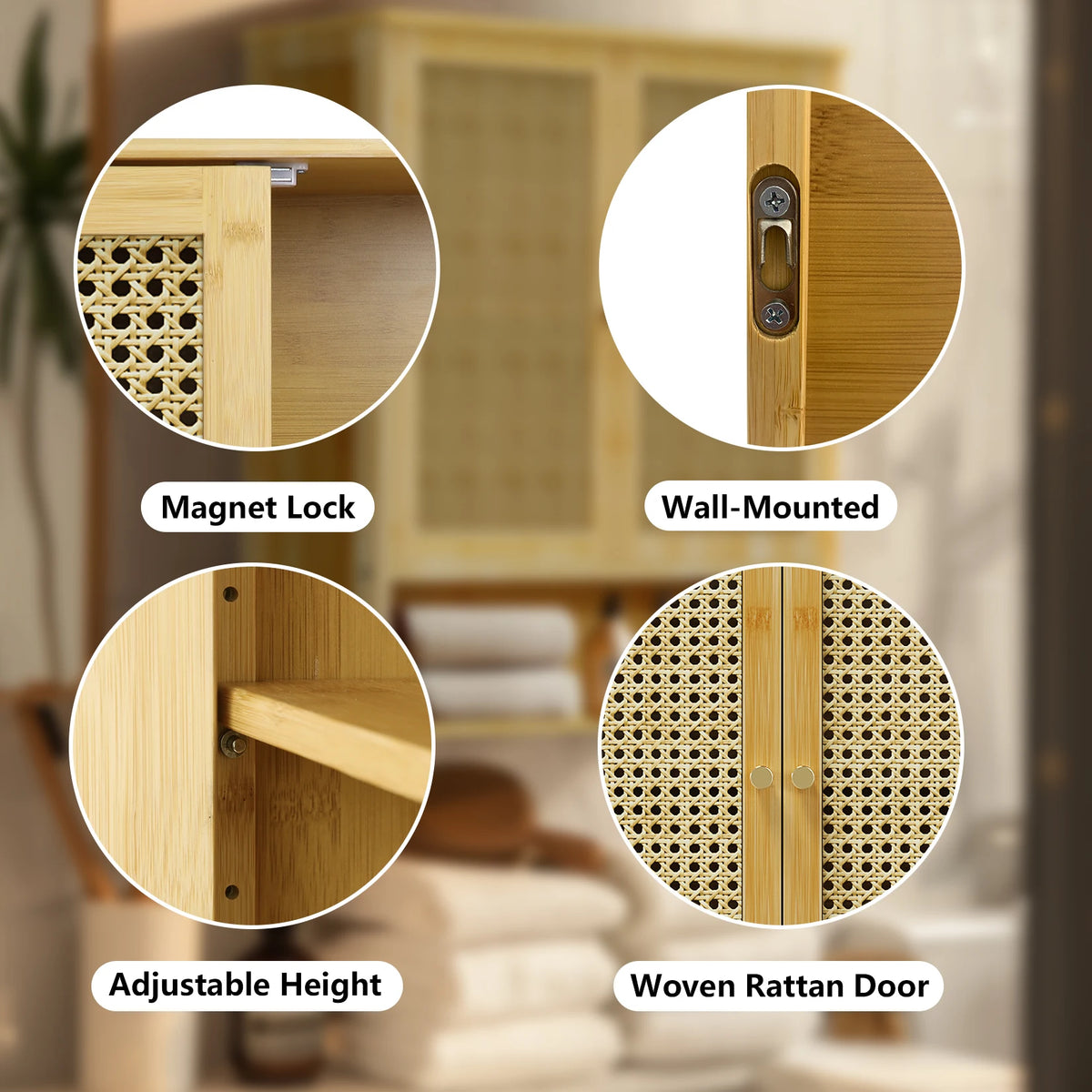 Bamboo Bathroom Wall Cabinet, Over the Toilet, Kitchen Storage, Solid Wood, 3 Shelves, 2 Doors