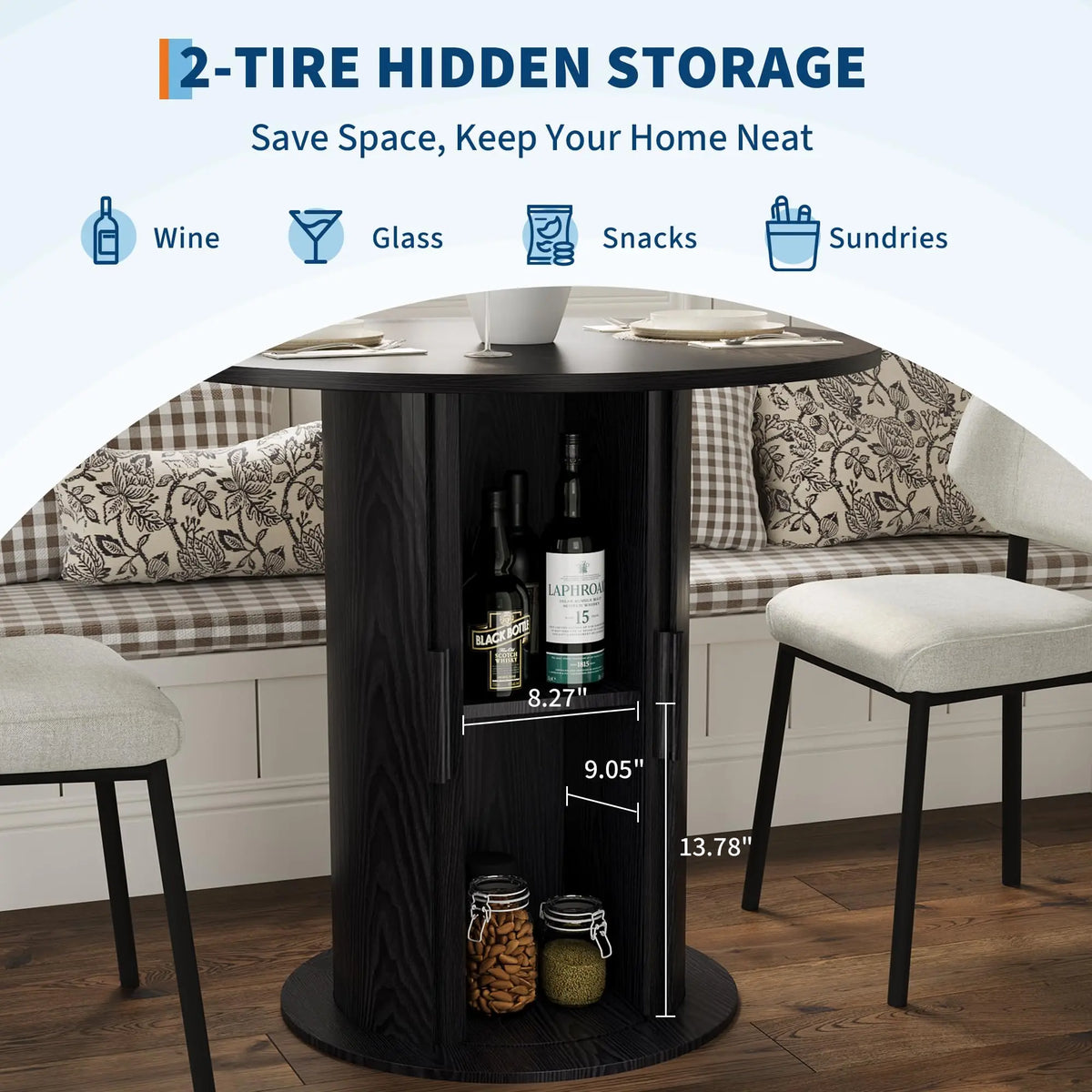 31.5" Round Dining Table for 2 with Hidden Storage | Compact Pedestal Kitchen Table with Sliding Doors for Small Spaces,Dining Room, Kitchen