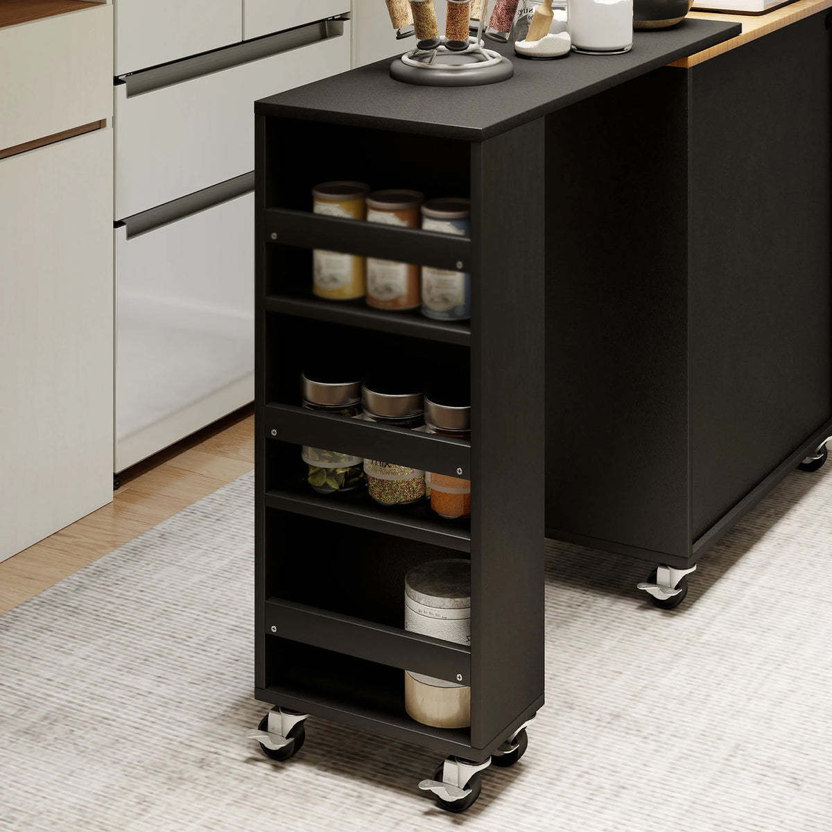 Kitchen Island On Wheels w Storag Extended Table MDF Rolling Kitchen Storage Cart w LED Light Power Outlets 2 Fluted Glass Doors