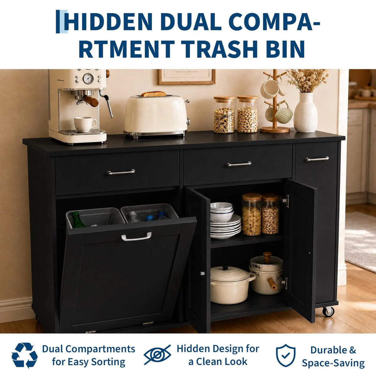 54 Inch Rolling Kitchen Island Cart With Breakfast Bar, 2 Drawers, Tilt-Out Trash Cabinet, Spice Rack, Towel Rod & Storage Shelves